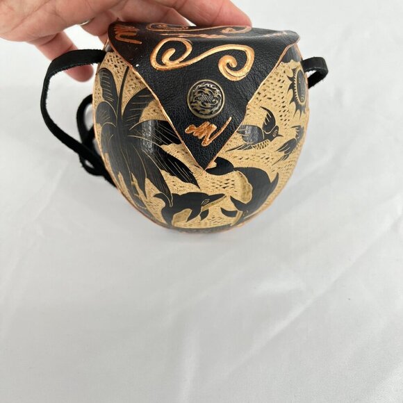 Handmade Coconut Purse With Dolphin & Palm Tree Design By Pele Jamaica - Picture 2 of 6